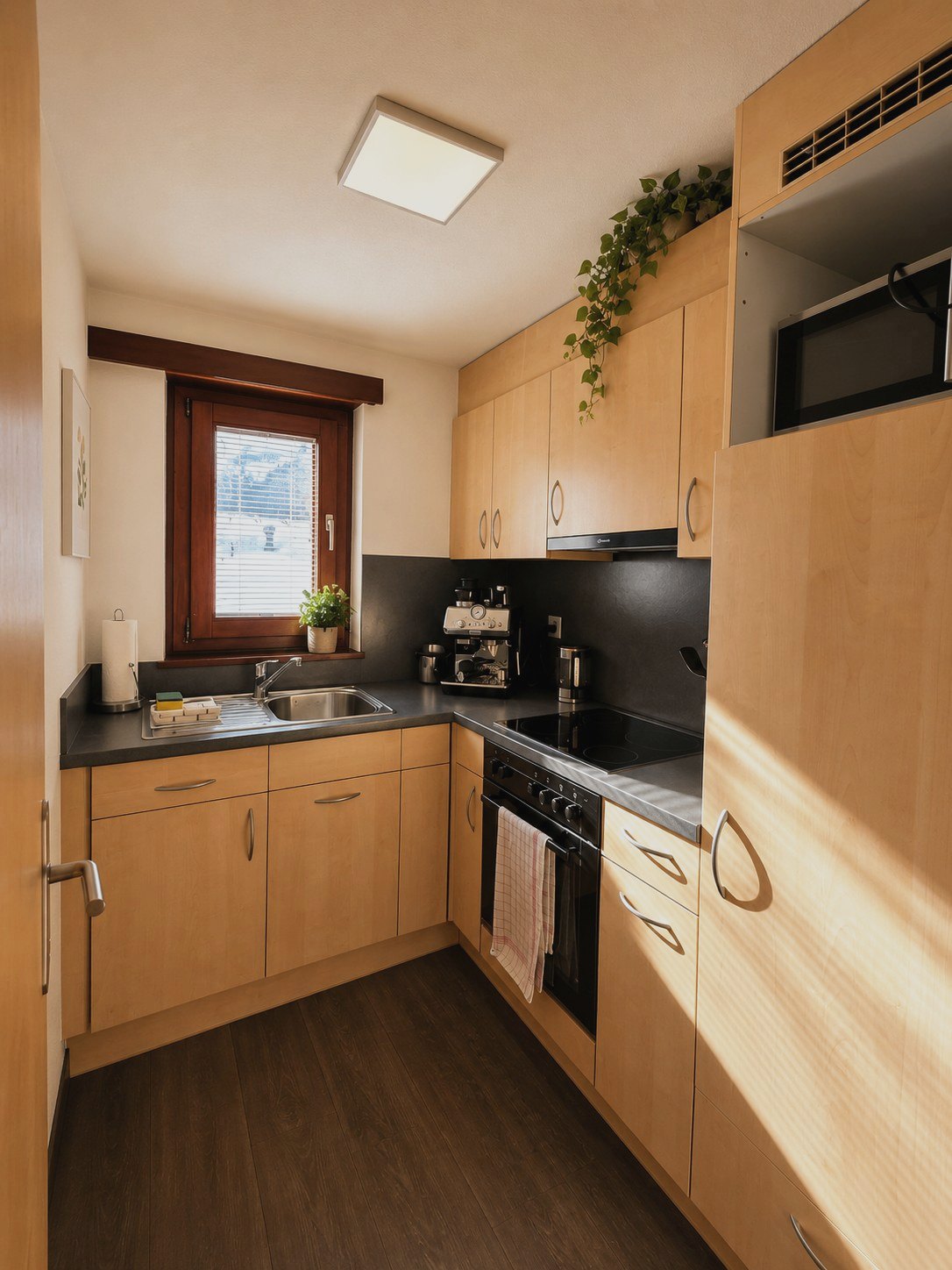 Cuisine d'Auri en bois clair avec machine expresso et fenêtre sur le village