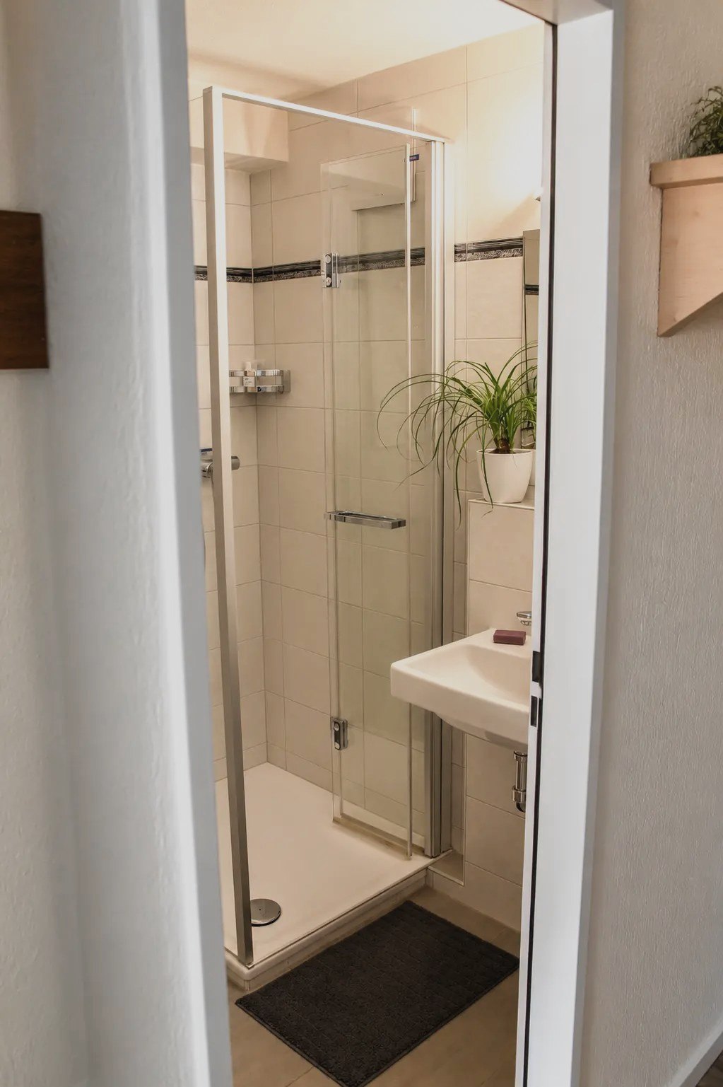 Bright bathroom of the Malo studio with walk-in glass shower