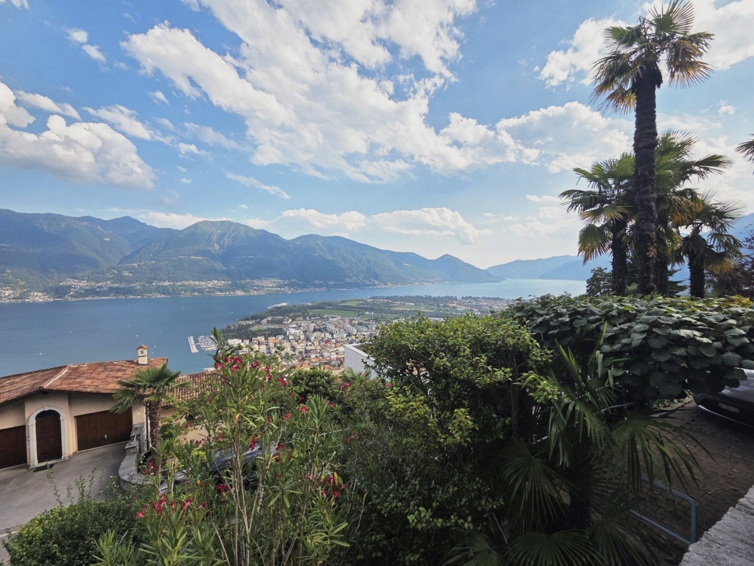 View from Orselina over palm trees and gardens to Lake Maggiore and the mountains of Ticino